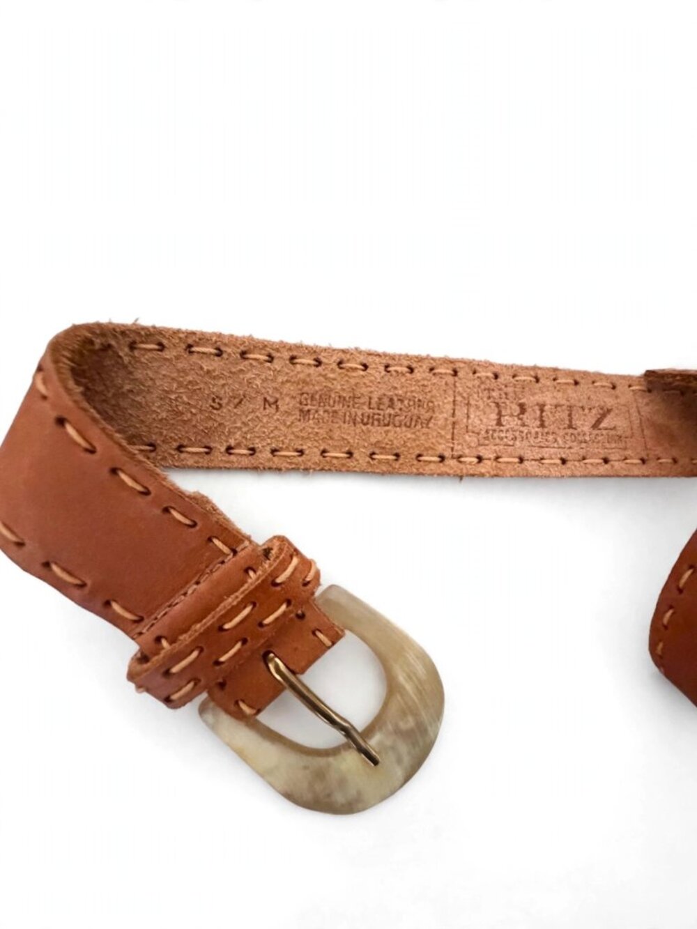 The Ritz Leather Belt Womens S/M Tan Cognac Horn Buckle Contrast Stitch, Uruguay